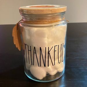 Rae Dunn “THANKFUL” storage jar with cotton balls